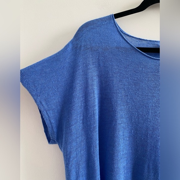 Eileen Fisher Blue Linen High-Low Short Sleeve Sweater Size Petite Medium - Picture 4 of 10